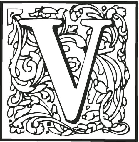 Letter V With Ornament Coloring Page